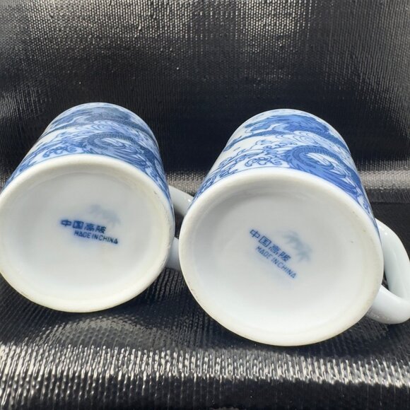 Vintage Chinese Blue Dragon Serpent Coffee Mug Cup Set 2 Stoneware Ceramic Mugs - Picture 3 of 12